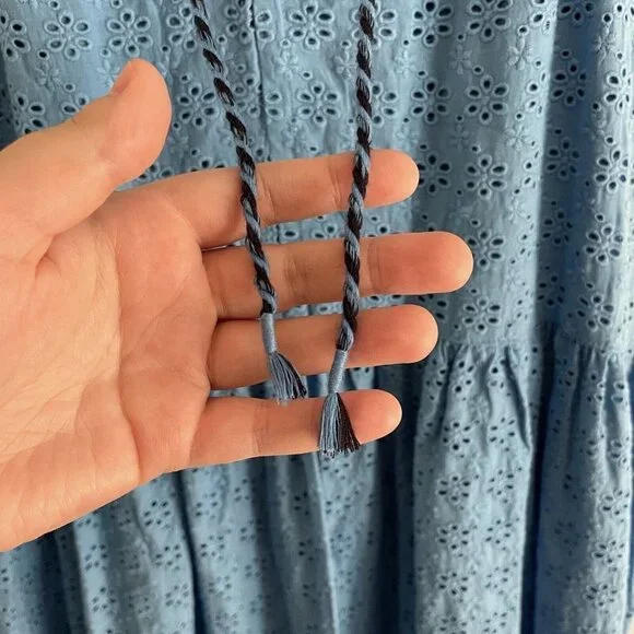 Hatley Women S Blue Eyelet Cotton Tasseled Sleeveless Tiered Emma Maxi Dress - Picture 6 of 12